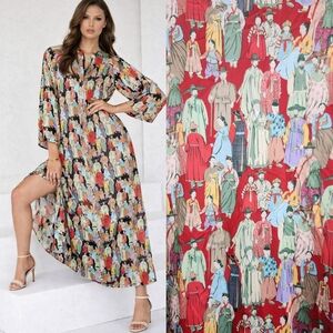 Natori Dynasty Mandarin Zip Caftan XL Red Asian Inspired Print Maxi Lounge Dress